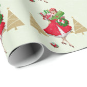 Vintage Christmas Lady präsentiert Red Green Gold Geschenkpapier (Rolleneckpunkt)