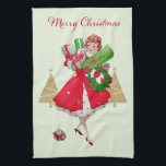 Vintage Christmas Lady präsentiert Red Green Gold Geschirrtuch<br><div class="desc">Weihnachten,  wie es in den 1950er Jahren aussah,  mit diesem Retro-Kunstwerk einer Dame,  die alle in einem voll roten Kleid gekleidet war.</div>