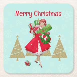 Vintage Christmas Lady präsentiert Red Green Gold Rechteckiger Pappuntersetzer