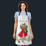 Vintage Christmas Lady präsentiert Red Green Gold Schürze<br><div class="desc">Weihnachten,  wie es in den 1950er Jahren aussah,  mit diesem Retro-Kunstwerk einer Dame,  die alle in einem voll roten Kleid gekleidet war.</div>