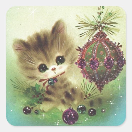 Vintage Christmas Mid Century Pastell Kitten Quadratischer Aufkleber (Vorderseite)