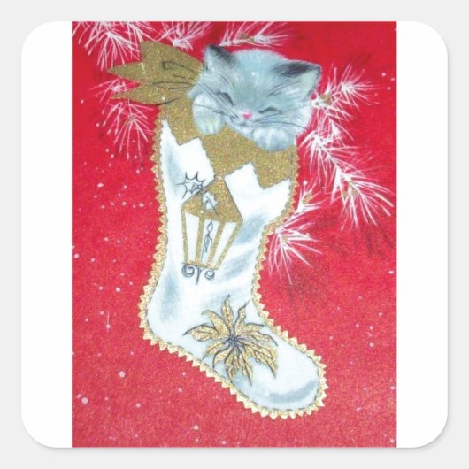 Vintage Christmas Mid Century Pastell Kitten Quadratischer Aufkleber (Vorderseite)