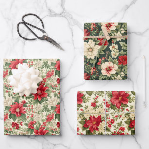 Vintage Christmas Poinsettia Geschenkpapier Set