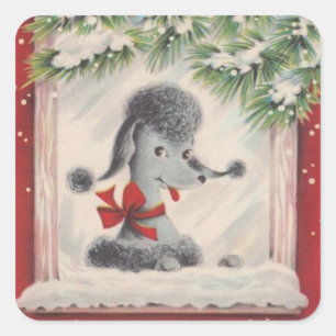 Vintage Christmas Poodle Quadratischer Aufkleber