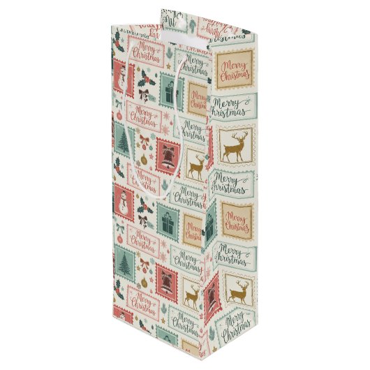 Vintage Christmas Postage Pattern Geschenktüte Für Weinflaschen (Rückseite Schrägansicht)