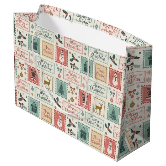 Vintage Christmas Postage Pattern Große Geschenktüte (Rückseite Schrägansicht)