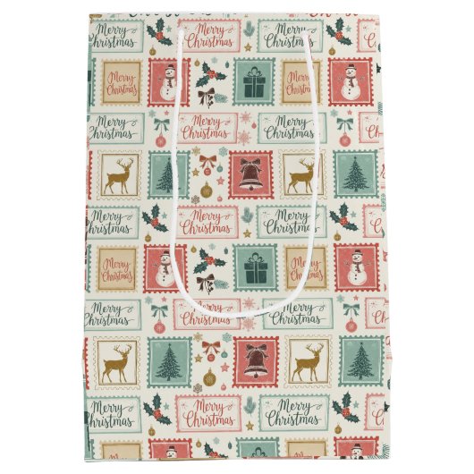 Vintage Christmas Postage Pattern Mittlere Geschenktüte (Rückseite)