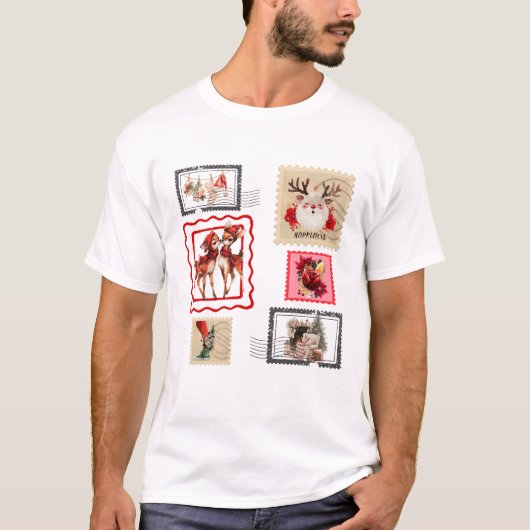 Vintage Christmas Postage Stamp Collage Design T-Shirt (Vorderseite)