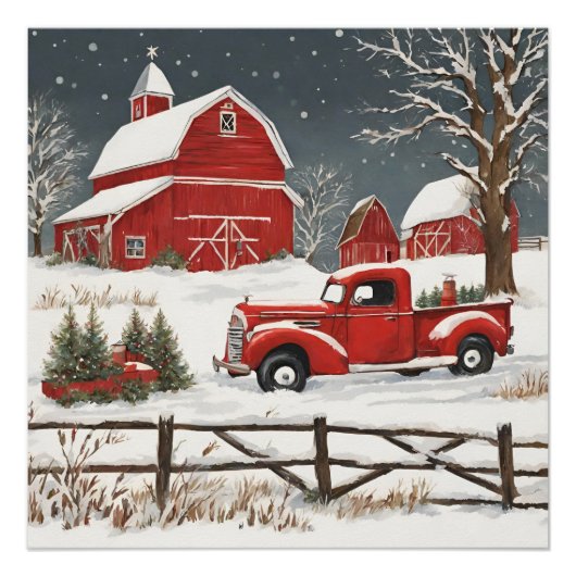 Vintage Christmas Red Truck, Barn, Land Poster (Vorderseite)