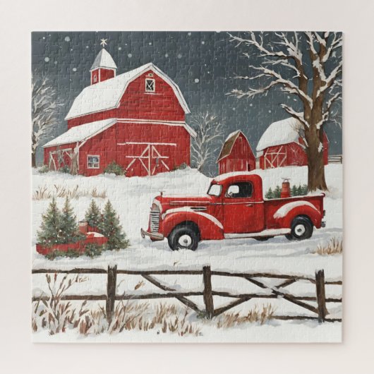 Vintage Christmas Red Truck, Barn, Land Puzzle (Vertikal)