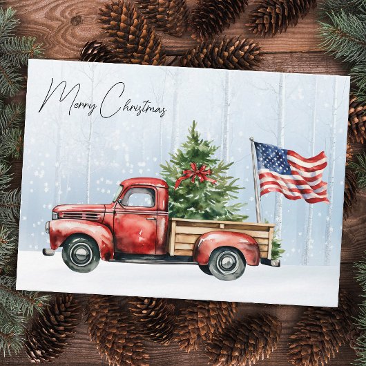 Vintage Christmas Red Truck Patriotic USA Flag Mitteilungskarte