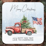 Vintage Christmas Red Truck Patriotic USA Flag Quadratischer Aufkleber<br><div class="desc">Vintage Red Truck Weihnachtskarten feiern die Ferien mit Patriotic Charm Freude und feierlichen Beifall in dieser Urlaubssaison mit unseren Vintagen Red Truck Weihnachtskarten. Diese Karten spiegeln perfekt den Geist eines rustikalen Winterwunderlandes wider und bestechen durch einen hübschen roten LKW, der mit einem Weihnachtsbaum im Hintergrund geschmückt ist, mit Set vor...</div>