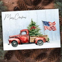 Vintage Christmas Red Truck Patriotic USA Flag