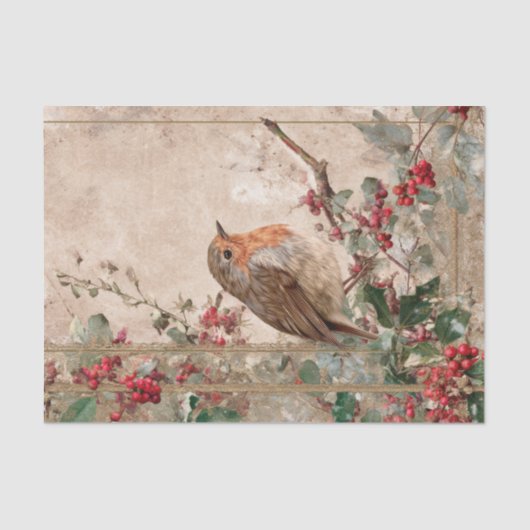 Vintage Christmas Robin and Cherries Decoupage Seidenpapier (Vorderseite)