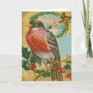 Vintage Christmas Robin Holiday Holly Berries Feiertagskarte