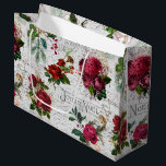 Vintage Christmas Rose Joyeux Weihnachten Ephemera Große Geschenktüte<br><div class="desc">Elegante und detailreiche Weihnachtsblumenkomposition mit Typografie des "Joyeux Weihnachtens",  handgeschriebener Schrift,  Portragrafie,  Heilige,  Misteloe und tiefrote und Elfenbein-Rose auf uralter Pergamentbasis.</div>