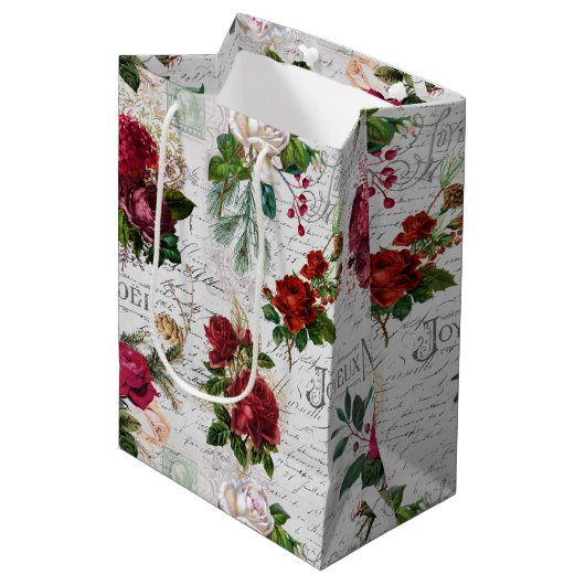 Vintage Christmas Rose Joyeux Weihnachten Ephemera Mittlere Geschenktüte (Vorderseite Schrägansicht)