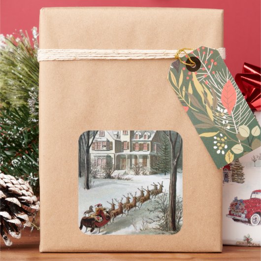 Vintage Christmas, Saint Nicholas with Reindeer Quadratischer Aufkleber (Feiertag)