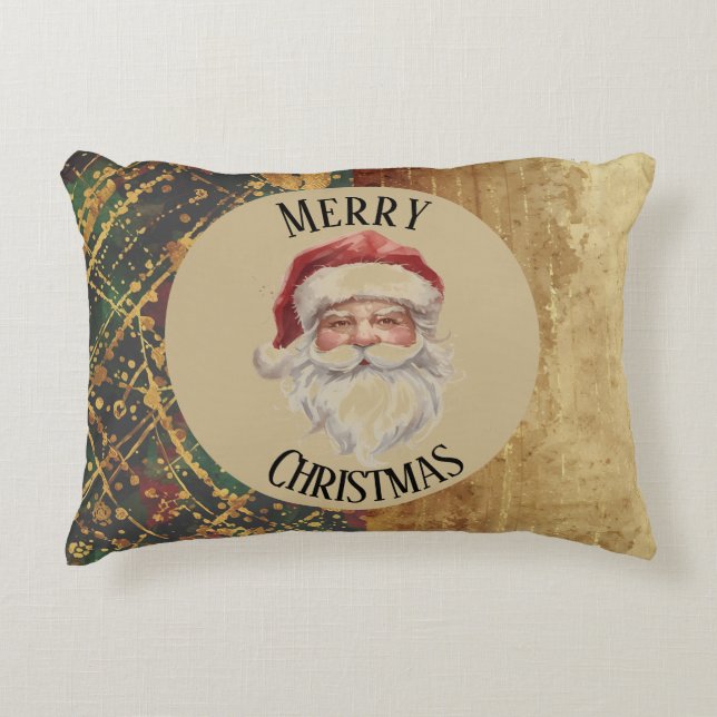 Vintage, Christmas, Santa Claus, Red Gold Green Dekokissen (Vorderseite)