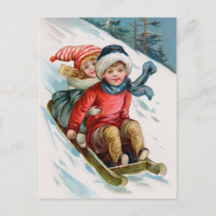 Vintage Christmas Sledding Feiertagspostkarte