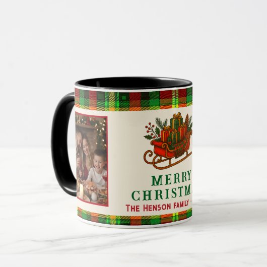 Vintage Christmas Sledge Gifts Plaid 2 Photos Tasse (Vorderseite Links)