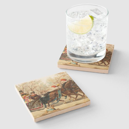 Vintage Christmas Sleigh Ride Steinuntersetzer (Seitenansicht)