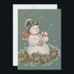 Vintage Christmas Snowman Feiertagskarte<br><div class="desc">Niedlicher Retro Weihnachtsschneemann mit Geschenken in der Schneeschuhkarte.</div>
