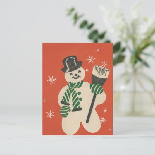Vintage Christmas Snowman Feiertagspostkarte (Stehend Vorderseite)