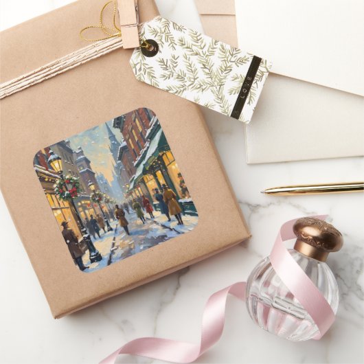 Vintage Christmas Snowy City Street Scene Quadratischer Aufkleber (Schenken)