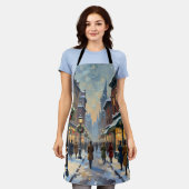 Vintage Christmas Snowy City Street Scene Schürze (Getragen)