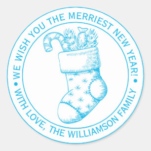 Vintage Christmas Strumpf Holiday Wish Blue Ink Runder Aufkleber