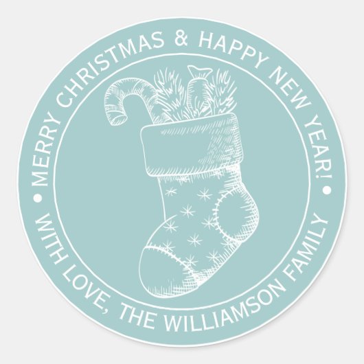 Vintage Christmas Strumpf Holiday Wish Blue Runder Aufkleber (Vorderseite)