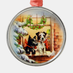 Vintage Christmas Terrier Dog Silbernes Ornament