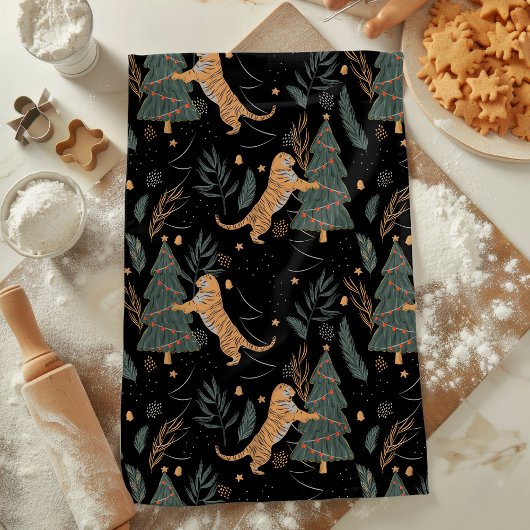 "Vintage Christmas Tiger mit Weihnachtsbaum Schwar Geschirrtuch