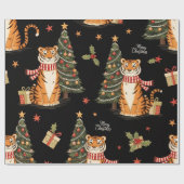 Vintage Christmas Tiger with Christmas Tree Black  Geschenkpapier (Flach)