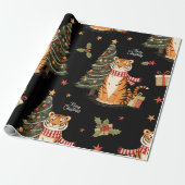 Vintage Christmas Tiger with Christmas Tree Black  Geschenkpapier (Ungerollt)