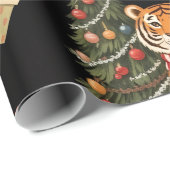 Vintage Christmas Tiger with Christmas Tree Black Geschenkpapier (Rolleneckpunkt)