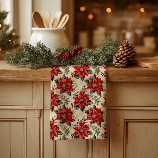 Vintage Christmas Towel Red Poinsettia Design Geschirrtuch