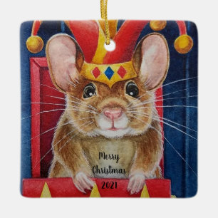 Vintage Christmas Toy Jester Mouse in Box Art Keramikornament