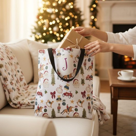 Vintage Christmas Toys Pattern Red Green Tote Tasche