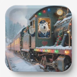 Vintage Christmas Train With Waving Polar Bear Pappteller