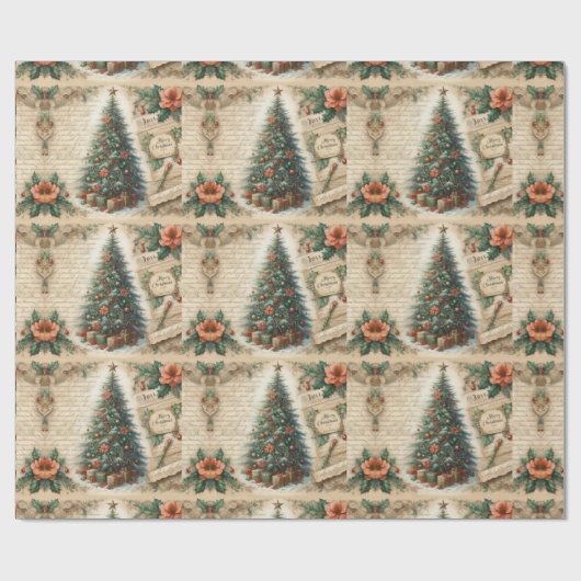 Vintage Christmas Tree and Script  Geschenkpapier (Flach)