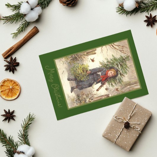 Vintage Christmas Tree Baby Girl Green Holiday Postkarte