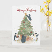 Vintage Christmas Tree Penguins Card Karte (Gelbe Blume)