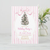 Vintage Christmas Tree Pink Bow Holiday Party  Einladung (Stehend Vorderseite)