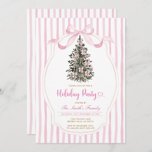 Vintage Christmas Tree Pink Bow Holiday Party  Einladung (Vorne/Hinten)