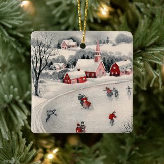 Vintage Christmas, Victorian Ice Skaters on Pond Keramikornament