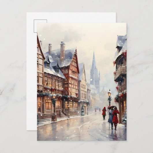 Vintage Christmas Village Street Holiday Ankündigungspostkarte (Vorne/Hinten)