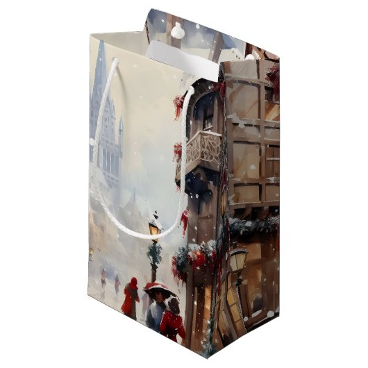 Vintage Christmas Village Street Holiday Kleine Geschenktüte (Vorderseite Schrägansicht)