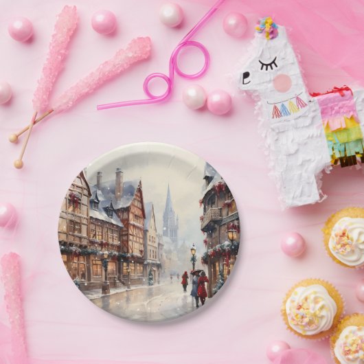 Vintage Christmas Village Street Holiday Pappteller (Party)